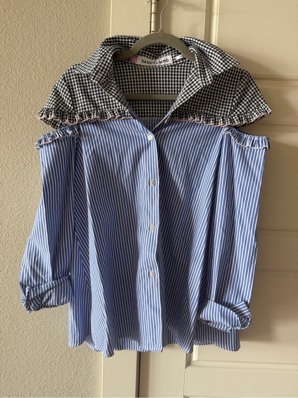 Sandy Liang Mercury Top Office Stripes & Gingham Button Down size 40 - Picture 7 of 11